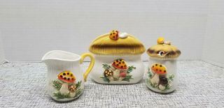 Vintage Sears Merry Mushroom Ceramic Napkin Holder Creamer & Sugar Shaker
