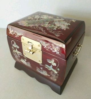 Vintage Chinese Jewelry Wood Box With Mother Of Pearl On Lacquered Wood