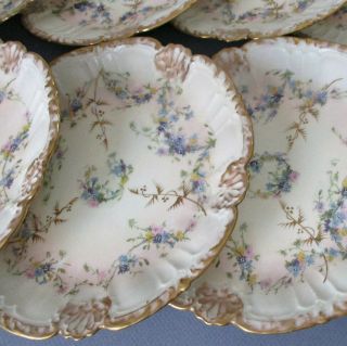 Set 12 Antique Limoges Porcelain Plates Embossed Shells Pink Blue Flowers W Gilt