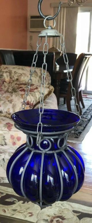 Vintage Cobalt Blue Glass Candle Hanging Ceiling Lamp In Iron Overlay