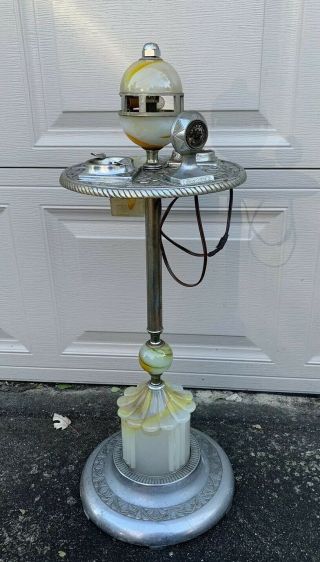 Art Deco Agate Slag Glass Vintage Smoking Pedestal Stand Ashtray Lighted Mico