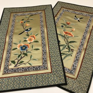 Reserved Vintage Chinese Silk Embroidered Asian Panels Floral Birds Set Of 2