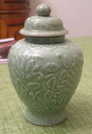 Vintage Chinese 7 " Andrea By Sadek Chopsticks Celadon Ginger Jar & Lid