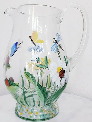Vintage Hand - Painted Flowers Butterflies Spring/summer Clear Large Glass Pitcher