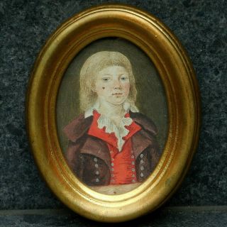 Antique C18th Miniature Portrait Watercolor Painting Of A Boy With Earring C1780