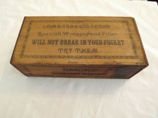 Antique Vintage Wooden Cigar Box W/ Lid Lombardy Cigarros Circa 1880s