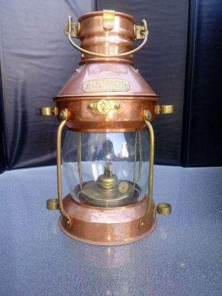 Vintage Tung Woo Hong Kong Anchor Lantern Copper Brass & Glass
