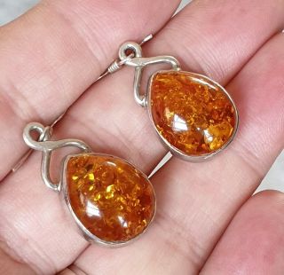 Vintage Stamped Art Deco Jewellery Real Inset Amber Cabochon 925 Silver Earrings