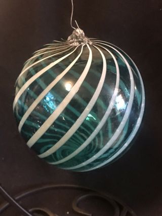Vintage Green Art Glass Hand Blown Striped Christmas Orb Ornament