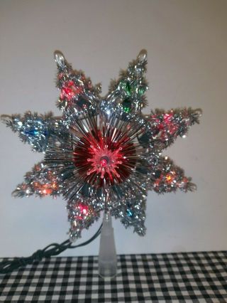 Vintage Silver Tinsel Lighted Christmas Tree Star Tree Topper