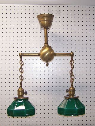Vintage Cased Green Glass Hanging Double Socket Brass Fixture