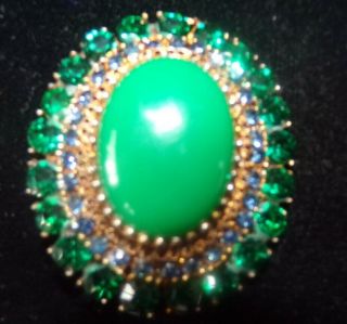 Vintage Unsigned Schreiner Shades Green And Blue Domed Brooch Stunning