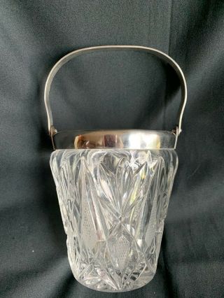 Vintage Cut Glass Ice Bucket With Intricate Silver Handle