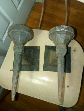Pair Antique Cast Iron Sconces Gothic Mission Arts Crafts Torch Spanish Revival