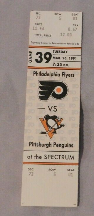 1991 Philadelphia Flyers Vs Pittsburgh Penguins 3/26/91 Full Ticket Lemieux Goal