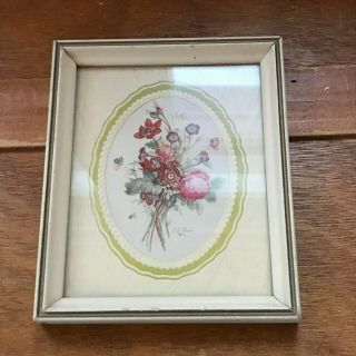 Vintage Small Artist Signed Oval Botanical Floral Bouquet In Cream & Gilt Painte