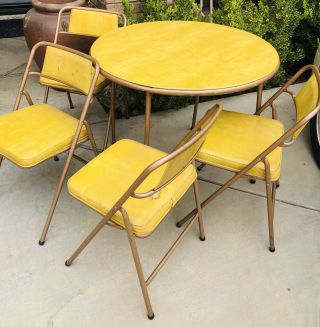 Vintage Retro Circular Vinyl Cosco Card Table With Four Matching Folding Chairs