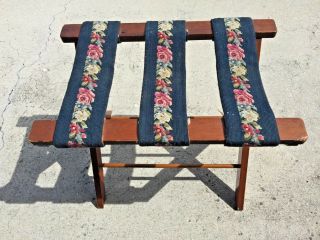 Vintage Folding Floral Needlepoint Wood Luggage Stand Rack
