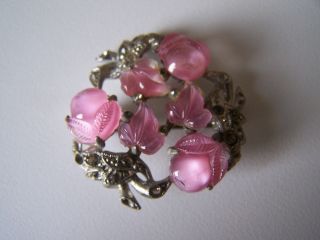 Vintage Silver Marcasite Molded Pink Glass Fruit / Flower / Leaf Pin Brooch