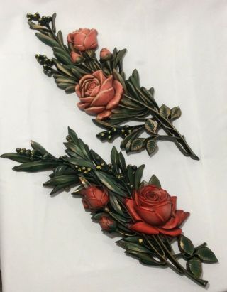 Vintage Burwood Usa Red Pink Roses Rosebuds Green Stems 2 Large Wall Plaques