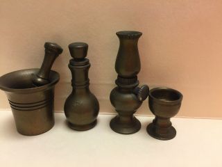 Vintage Miniature Brass Oil Lantern,  Goblet,  Decanter,  Mortar & Pestle Set