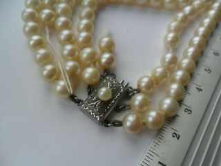 Vintage jewellery 3 row cultured pearl beads necklace silver clasp need restring 2