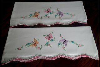 Vintage Pillow Cases Embroidered Butterfly Floral Crocheted Lace