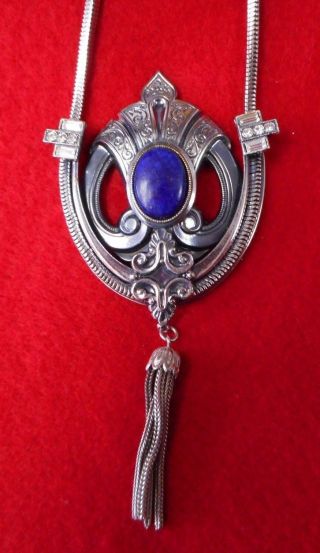 Vintage Unsigned " Ermani Bulatti " Old Silver Necklace With Lapis Blue Accent