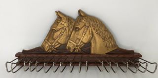 Vintage Double Horse Head Solid Wood Bolo Tie Rack 18 Hook Hanger
