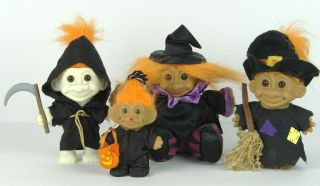 4 Vintage 1998 Russ Halloween Troll Dolls In Costumes Witch Grim Reaper Pumpkin