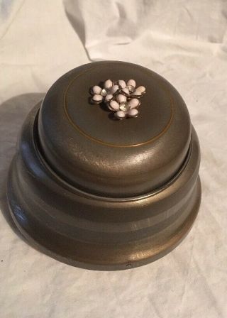 Vintage Antique Powder Puff Metal Trinket Music Box W/flower Top