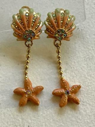 St John Vintage Earrings Haute Couture Rhinestones Coral Shell Drops