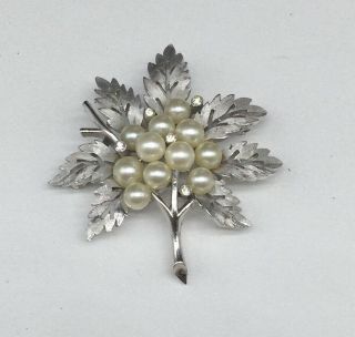 Vintage Signed Crown Trifari Faux Pearl Clear Rhinestone Silver Leaf Pin Brooch