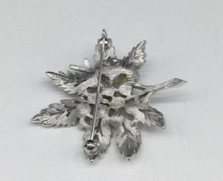 Vintage Signed Crown Trifari Faux Pearl Clear Rhinestone Silver Leaf Pin Brooch 3
