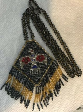 Vintage Native American Thunderbird Necklace Seed Bead Medallion Fringe Indian 2