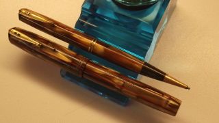 Vintage Waterman’s Ideal 3v Fp & Mp Set In Bronze With Red Veins