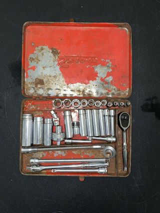 Vintage Antique Snap On Tools 32pc 1/4” Socket Set Tin Metal Case