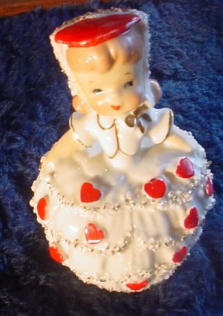 Vintage Lefton? Valentine Day Hearts Young Lady Girl Bell Figurine Spaghetti
