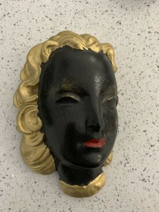 Vintage Art Deco Girl Face Mask Wall Plaque Nouveau Black Gold