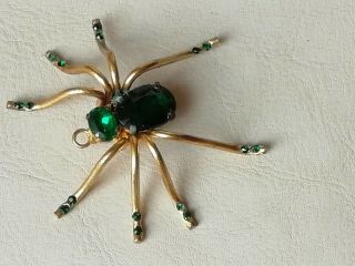 Vintage Jewellery Goldtone And Green Signed Czechoslovakia Spider Brooch Pendant