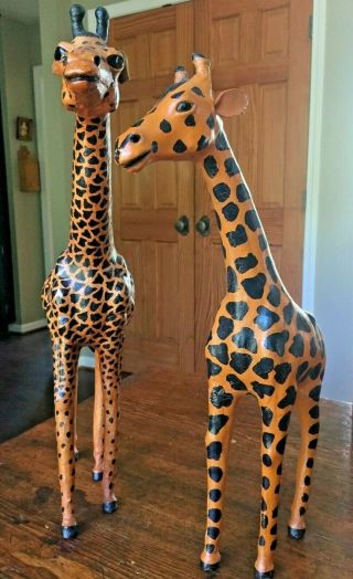 2 Lovely Vintage Leather Wrapped Giraffe Statues / Figurines - 19 1/4 And 17 1/2