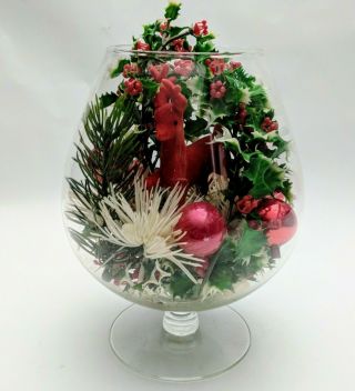 Vintage Christmas Vase Brandy Glass Flocked Reindeer Holiday Centerpiece Retro