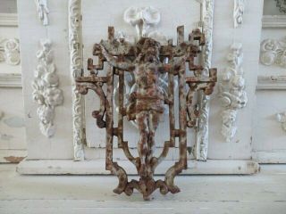Fabulous Old French Cast Metal Cross Fragment Jesus On Cross Time Worn Patina