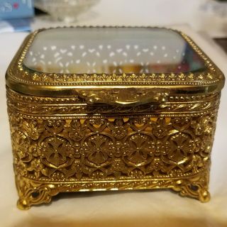 Vintage Gold Filigree Ormolu Jewelry Casket Box Hollywood Regency 1960s Euc