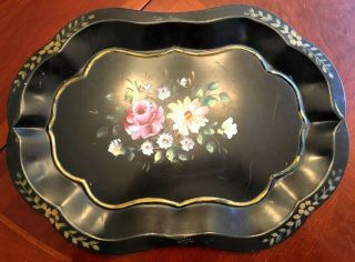 Vtg Mcm Black Metal Serving Tray Cottage Rose Hand Painted Shabby Chic Retro