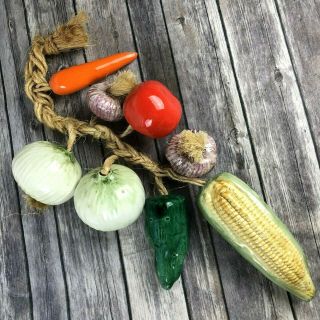 Vintage Ceramic Vegetables On Rope Corn Onions Pepper Tomato Hanging 24.  5”