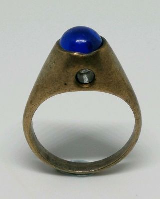 Vtg Modernist Brutalist Solid Brass/blue Glass Stone Signet Ring Sz M½ Maker As