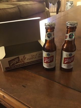 Vintage Schlitz Beer Salt & Pepper Shakers Glass Bottles W/ Top & Box