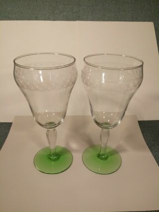 Vintage Set Of 2 Uranium Glass Goblets Needle Etched " Wave " Green Base Very Rare
