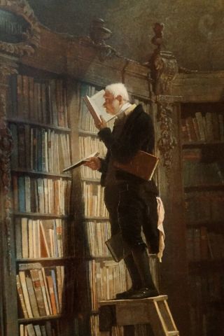 Vtg Antique Framed Print “the Bookworm” Karl Spitzweg - Man On Ladder In Library